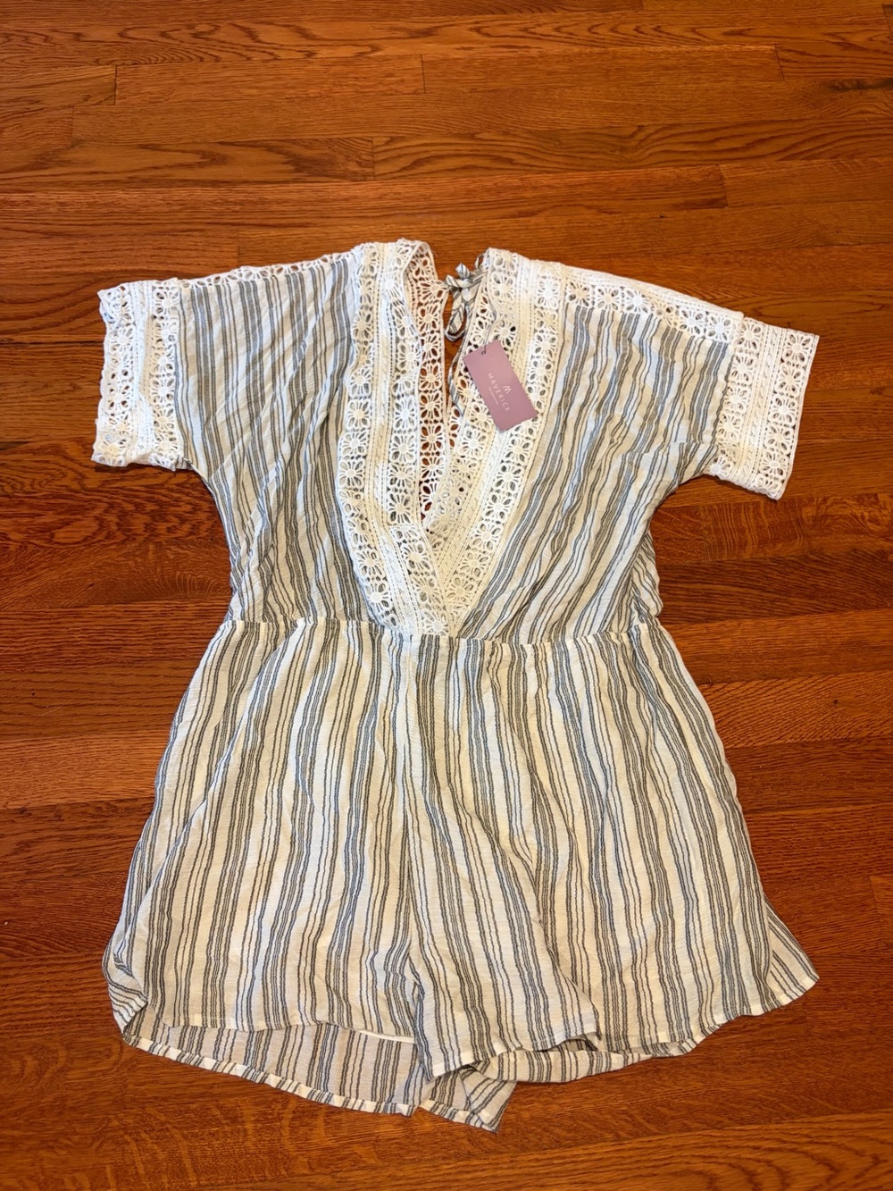 Striped V-Neck Crochet Trim Romper in Blue & White size Large